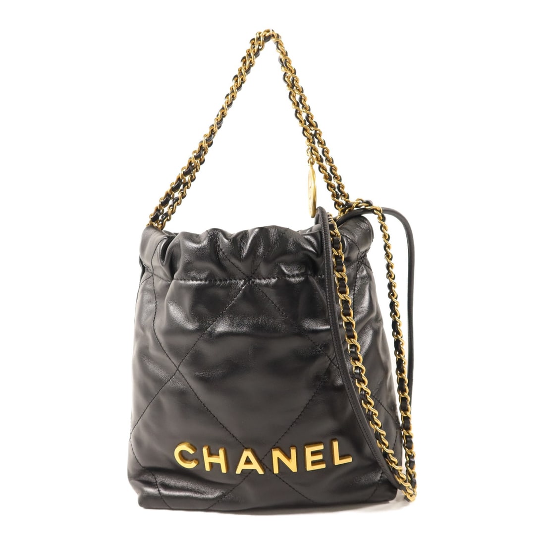 Chanel Mini 22 Black Lambskin Shoulder Bag with Gold Hardware: Chanel Mini 22 Black Lambskin Shoulder Bag with Gold Hardware This CHANEL Mini 22 2-way shoulder bag is crafted from black lambskin leather and features the signature CC logo. Designed for versatility