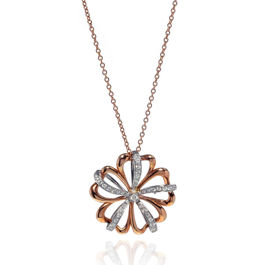 Luca Carati 18K Rose White Gold Flower Pendant Necklace 0.39ct Diamonds: Luca Carati 18K Rose White Gold Flower Pendant Necklace 0.39ct Diamonds This exquisite Luca Carati Flower Pendant Necklace showcases a stunning combination of 18K rose and white gold. The pendant feat