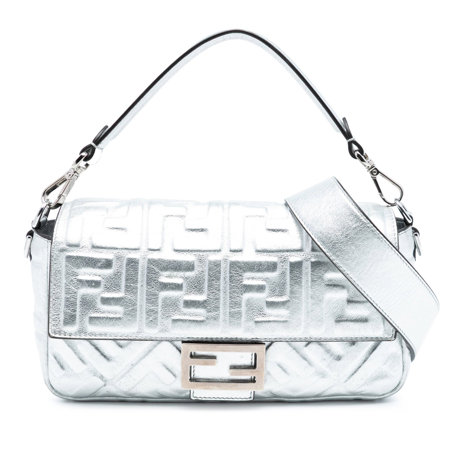 Fendi Baguette Silver Embossed Leather Medium Satchel with Shoulder Strap (1 of 7)