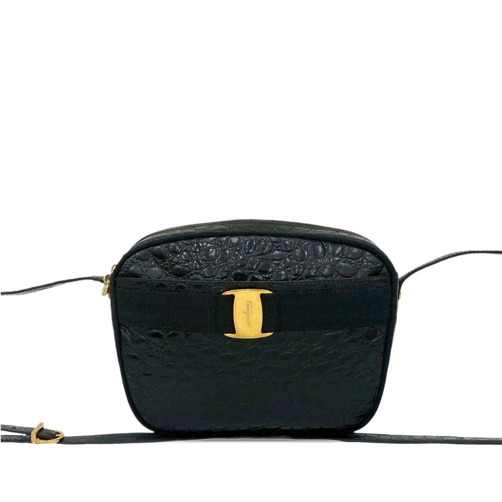 Salvatore Ferragamo Vara Black Croc Embossed Leather Crossbody Bag (1 of 9)