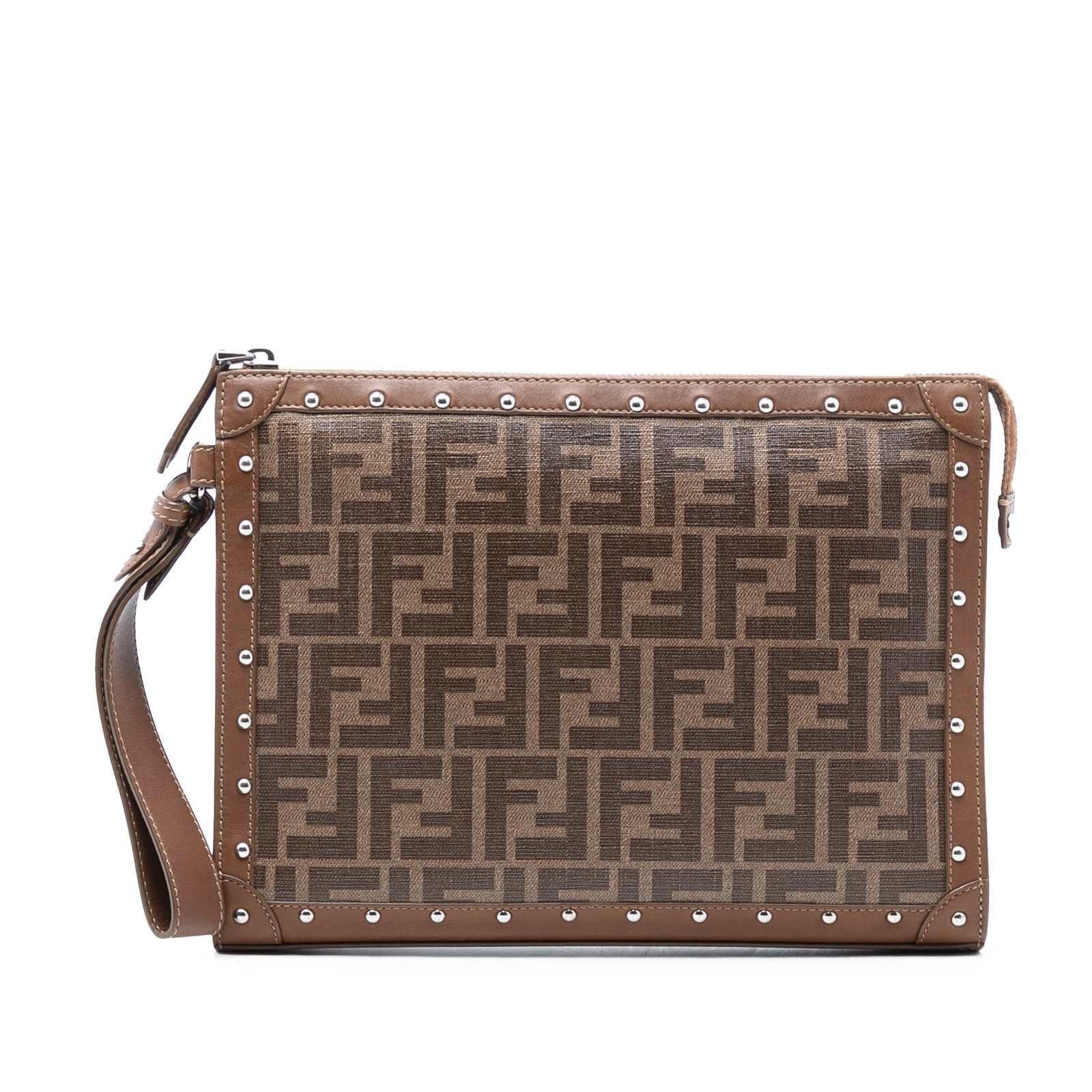 Fendi Zucca Canvas Clutch with Studded Leather Trim and Wrist Strap: Fendi Zucca Canvas Clutch with Studded Leather Trim and Wrist Strap This Fendi clutch features the iconic Zucca coated canvas body, accented with studded leather trim. It includes a flat leather wrist