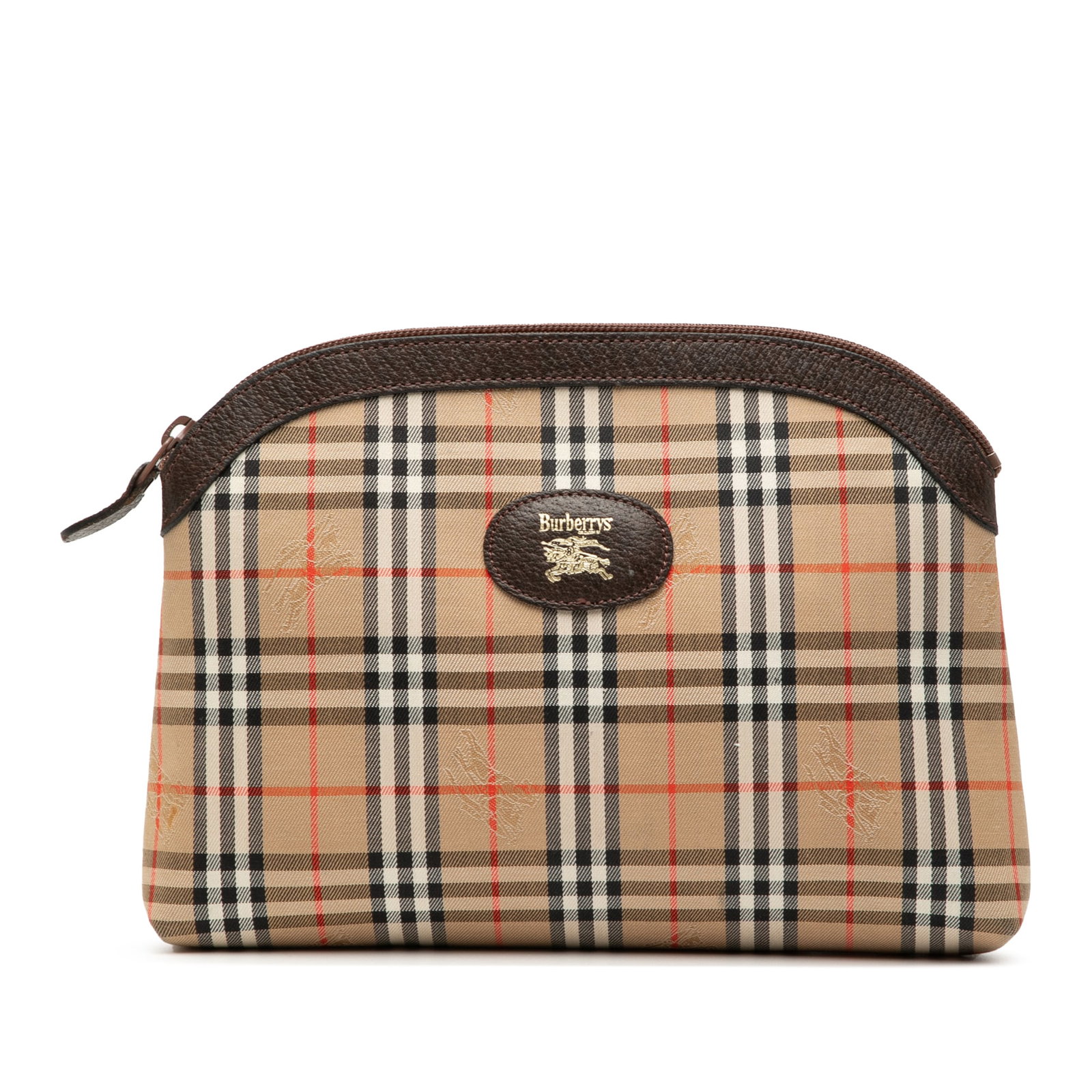 Beige Haymarket Check Canvas Clutch with Leather Trim by Burberry: Beige Haymarket Check Canvas Clutch with Leather Trim by Burberry This Burberry clutch features the signature Haymarket check canvas with leather trim. It is designed with a top zip closure and an int