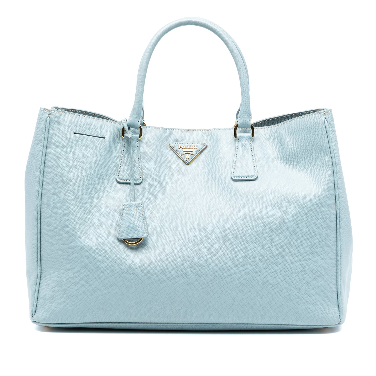 Blue Prada Galleria Saffiano Leather Large Satchel with Rolled Handles: Blue Prada Galleria Saffiano Leather Large Satchel with Rolled Handles This Prada Large Saffiano Lux Galleria Satchel features a blue saffiano leather body with rolled leather handles. The bag has an