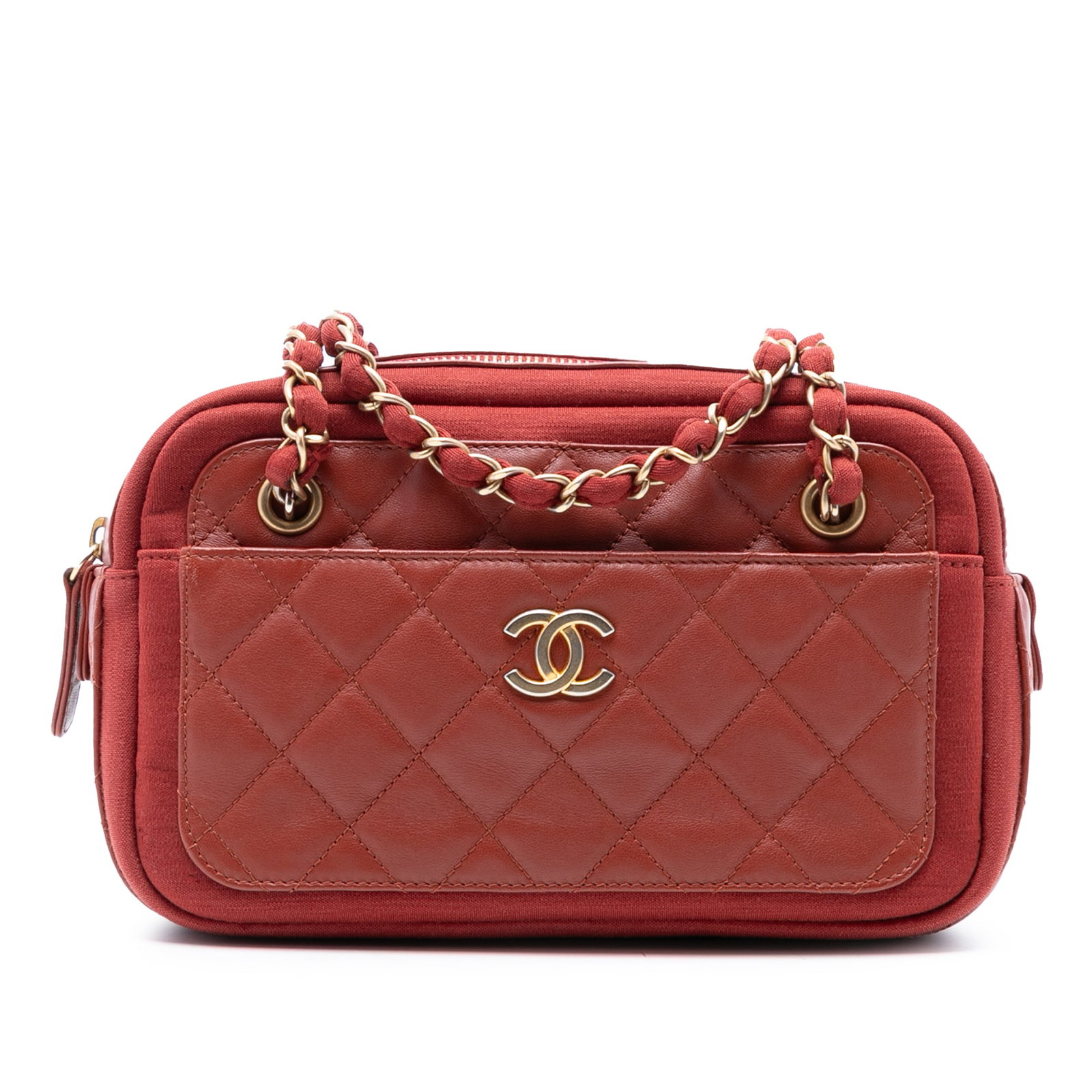 Red Chanel Paris Hamburg Lambskin and Jersey Shoulder Camera Bag: Red Chanel Paris Hamburg Lambskin and Jersey Shoulder Camera Bag This Chanel Paris Hamburg Camera Case features a quilted lambskin leather and cotton jersey body in red, complemented by cotton woven c