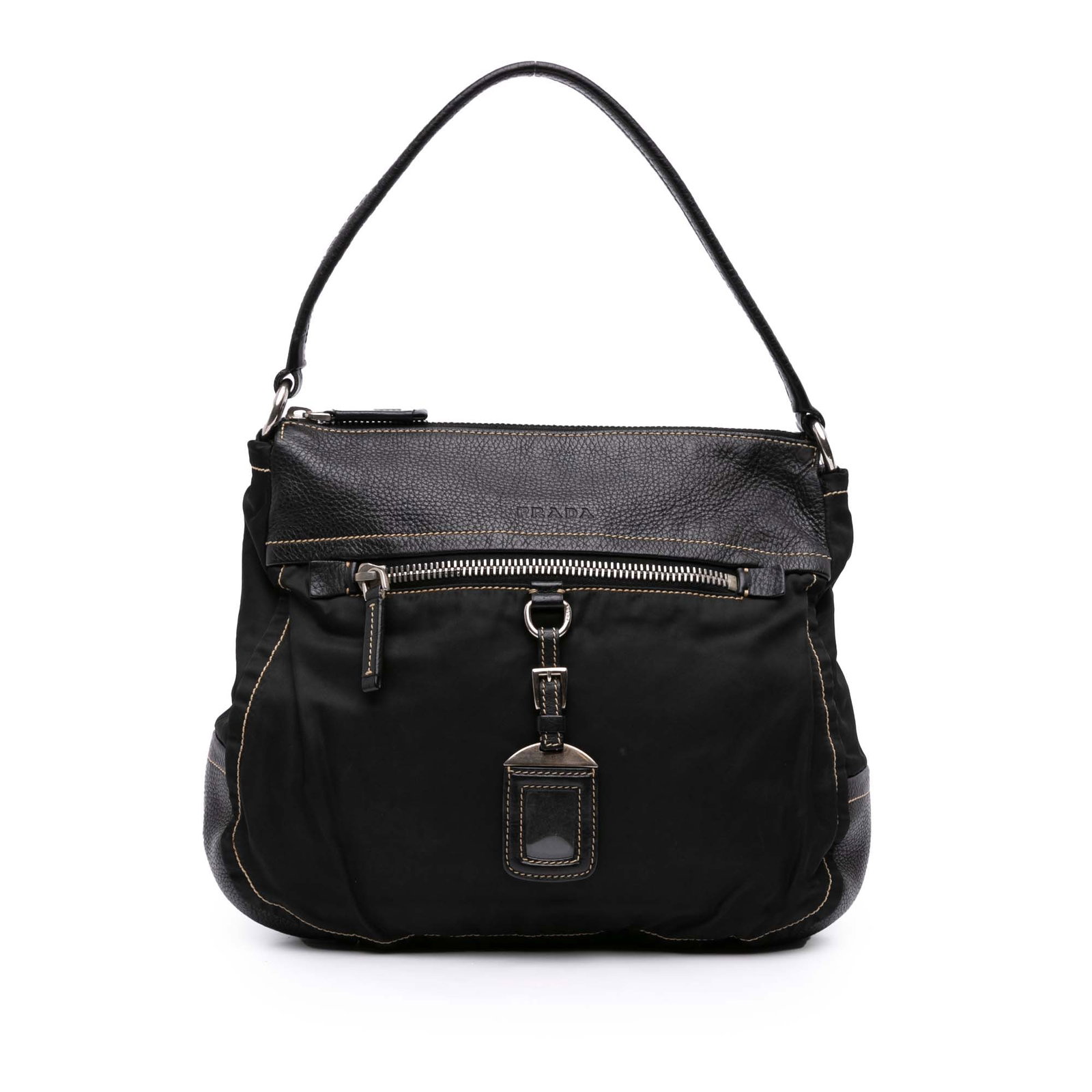 Prada Black Leather and Nylon Shoulder Bag Model Leather and Tessuto: Prada Black Leather and Nylon Shoulder Bag Model Leather and Tessuto This stylish Prada shoulder bag seamlessly combines nylon and leather for a chic look. It features a flat leather top handle for ea