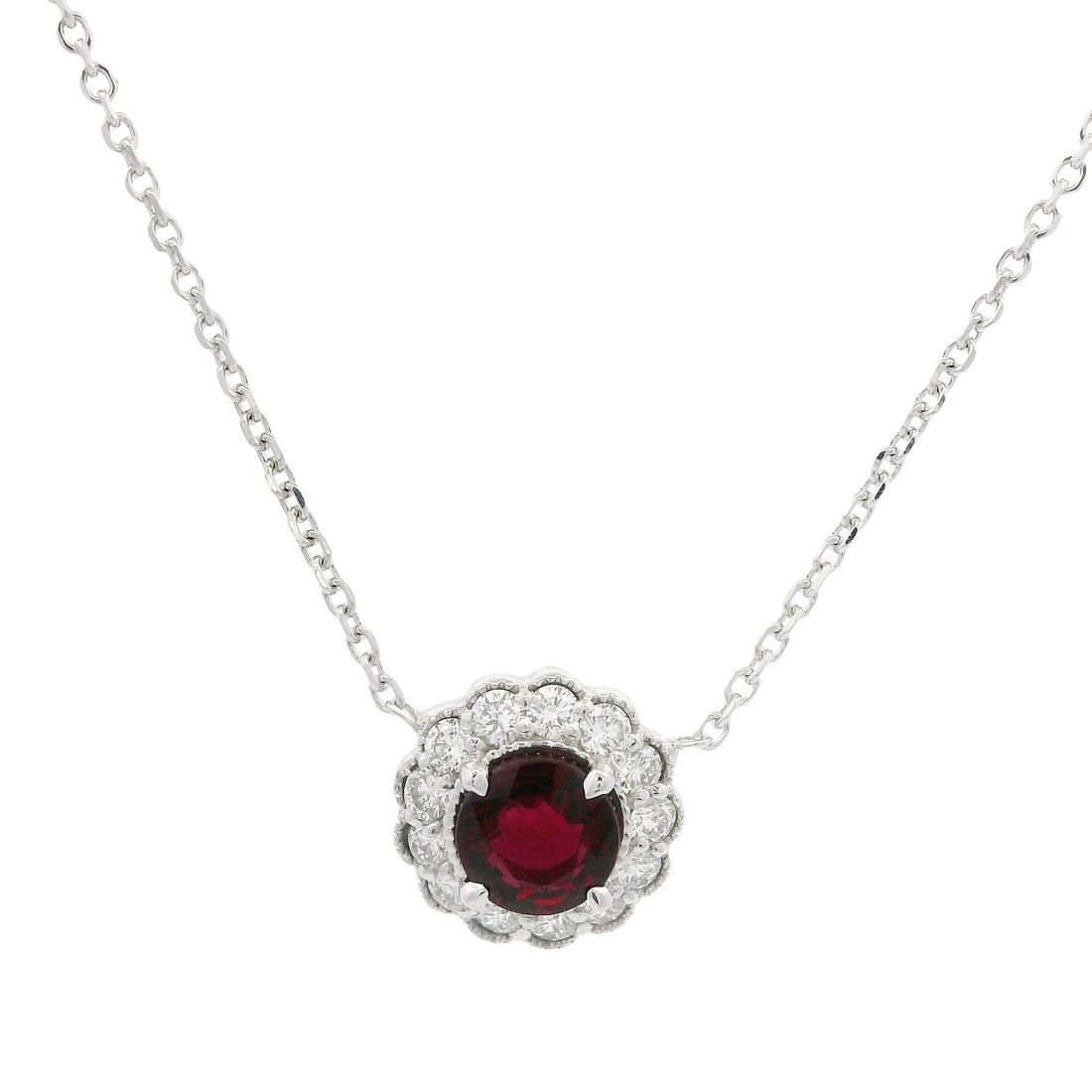 GIA Certified 0.92ctw Ruby Diamond Flower Pendant in 18k White Gold: GIA Certified 0.92ctw Ruby Diamond Flower Pendant in 18k White Gold This exquisite pendant necklace features a stunning flower cluster design, crafted from solid 18k white gold. At its center is a nat