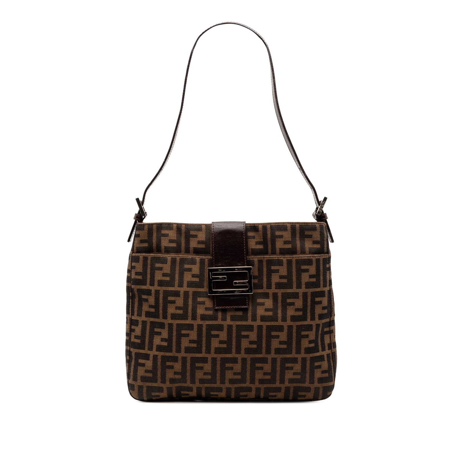 Fendi Zucca Pattern Brown Canvas Shoulder Purse with Leather Strap: Fendi Zucca Pattern Brown Canvas Shoulder Purse with Leather Strap This Fendi Zucca Canvas Shoulder Bag features a canvas body with a signature Zucca pattern, a flat leather strap, an open top with a