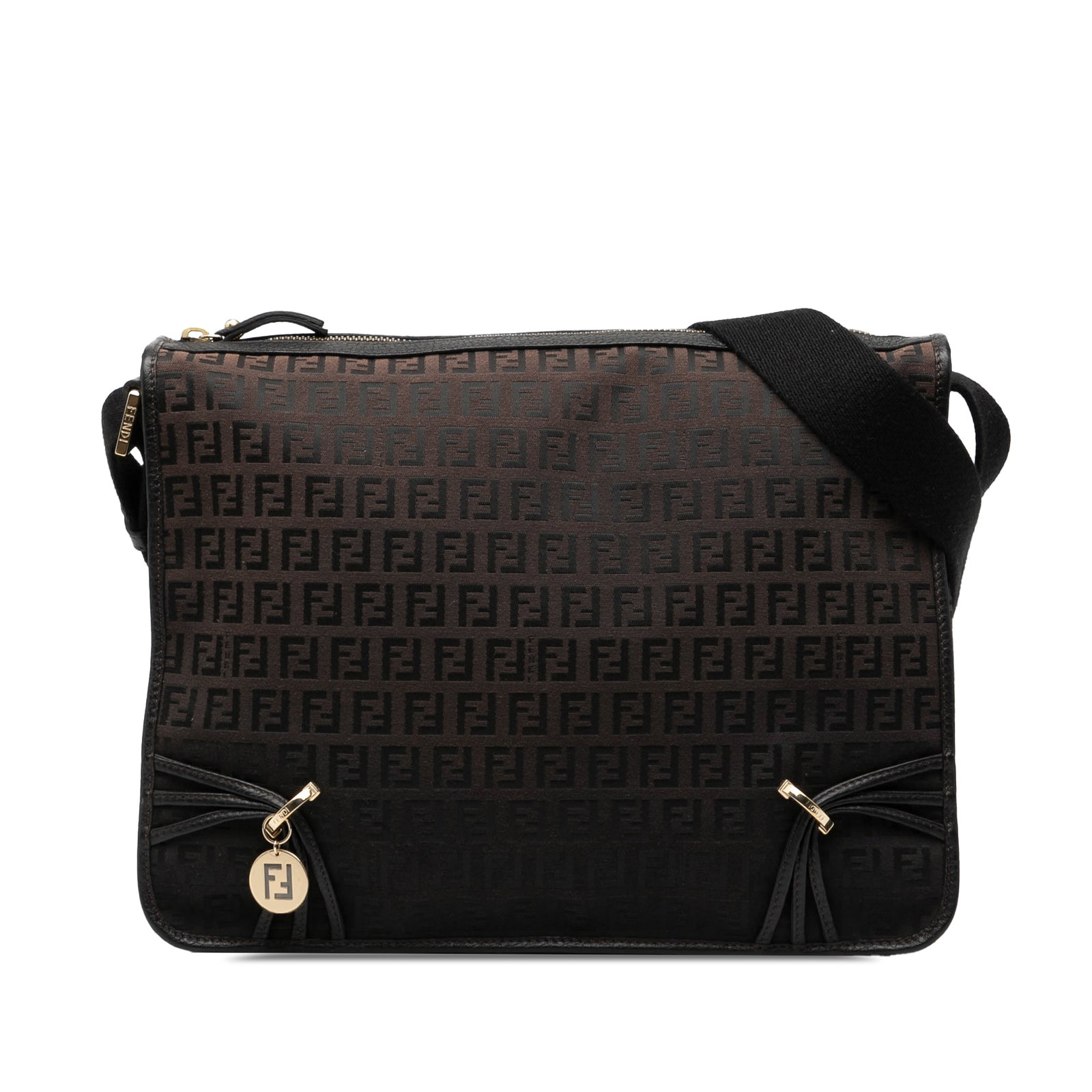 Fendi Zucchino Canvas Crossbody Bag with F Charm and Leather Trim: Fendi Zucchino Canvas Crossbody Bag with F Charm and Leather Trim This Fendi Zucchino Canvas F Charm Crossbody bag features a canvas body with leather trim, an adjustable flat strap, a top zip closure