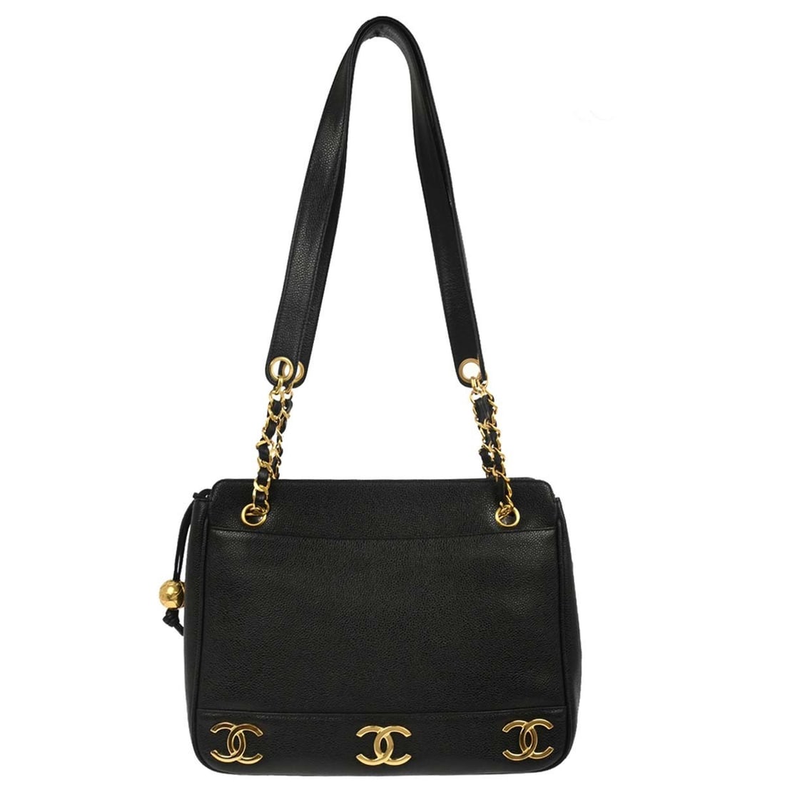 Chanel Caviar Leather Medium Triple CC Black Tote Shoulder Bag: Chanel Caviar Leather Medium Triple CC Black Tote Shoulder Bag This Chanel shoulder tote bag features a black caviar skin leather exterior and a medium-sized silhouette. The bag is designed with a zip