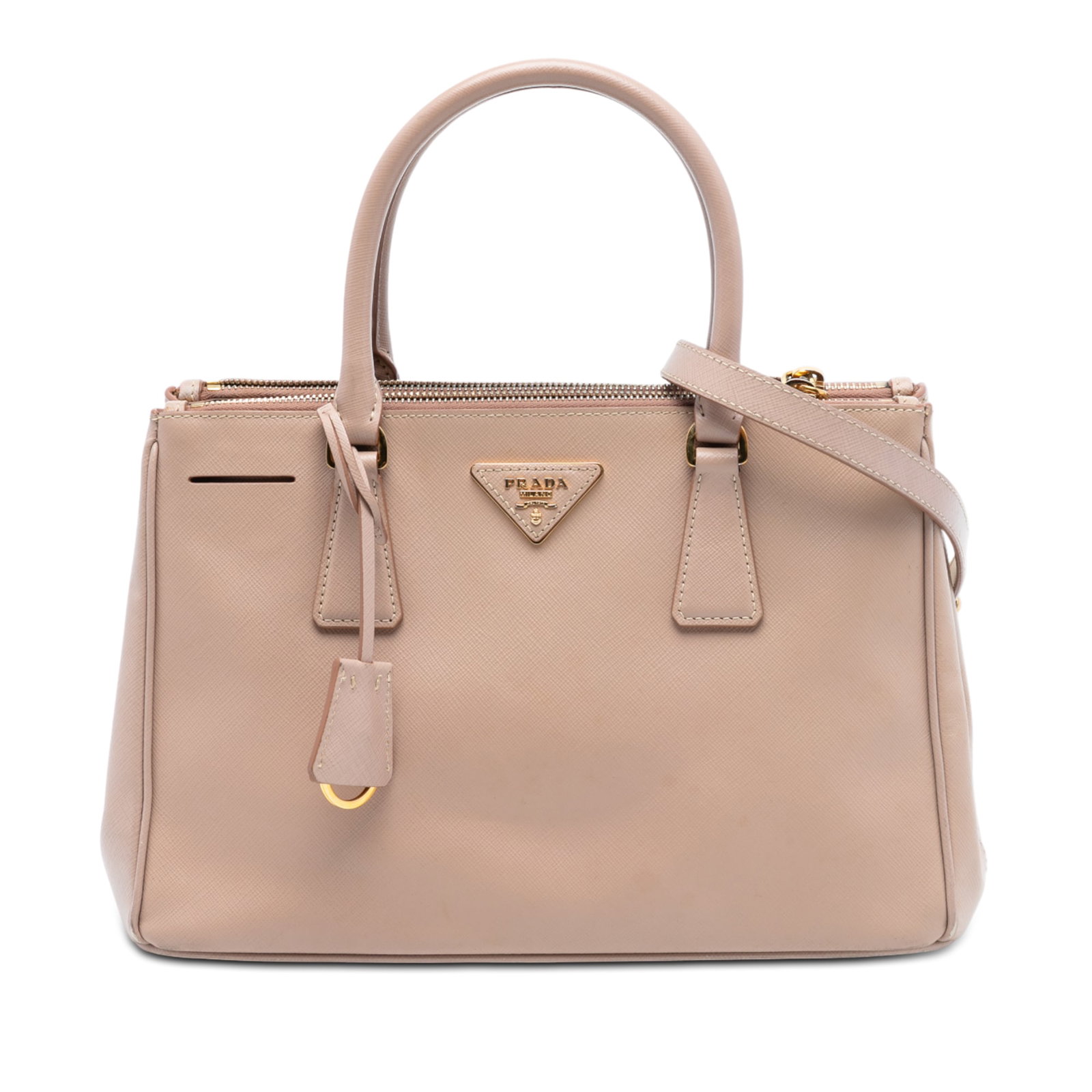 Prada Galleria Medium Saffiano Leather Pink Double Zip Satchel Bag: Prada Galleria Medium Saffiano Leather Pink Double Zip Satchel Bag This Prada Medium Saffiano Lux Galleria Double Zip Tote features a saffiano leather exterior in pink, rolled leather handles, and a d