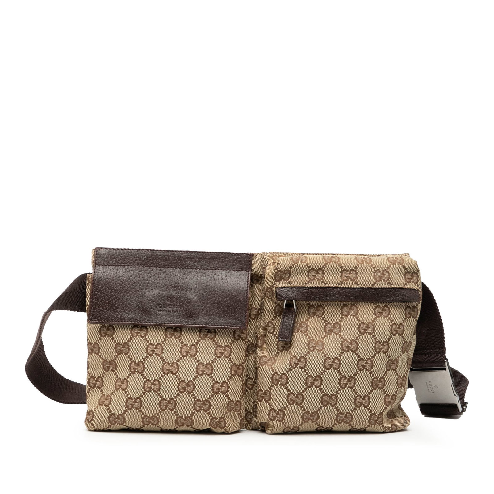 Gucci GG Canvas Belt Bag with Dual Front Pockets and Leather Trim: Gucci GG Canvas Belt Bag with Dual Front Pockets and Leather Trim This Gucci GG Canvas Double Pocket Belt Bag features a canvas body with leather trim, an adjustable flat waist strap, exterior front f