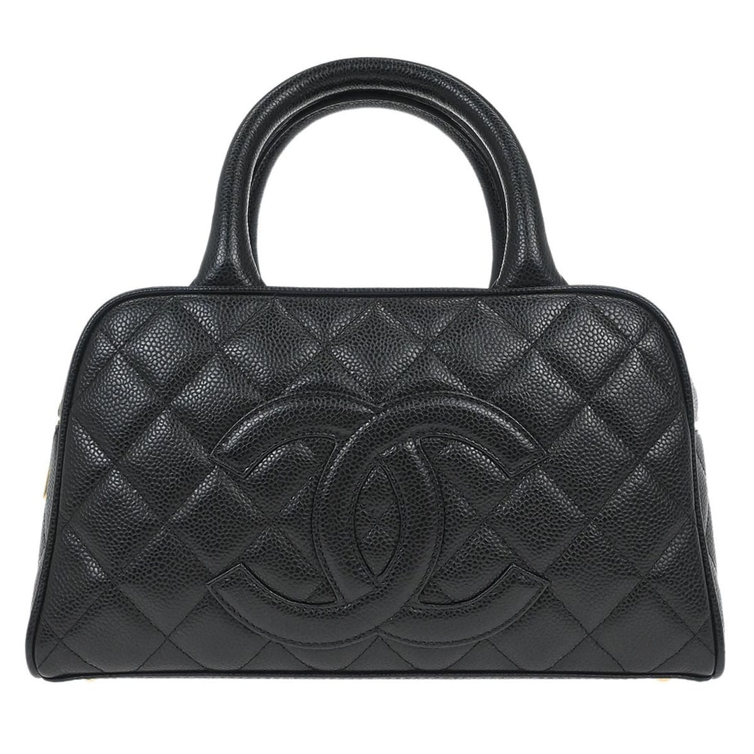 Black Caviar Leather Top Handle Bag Chanel Bowling Style 27: Black Caviar Leather Top Handle Bag Chanel Bowling Style 27 This Chanel Black Calfskin Bowling Bag is crafted from durable caviar skin leather with a medium-sized silhouette. It features double handle