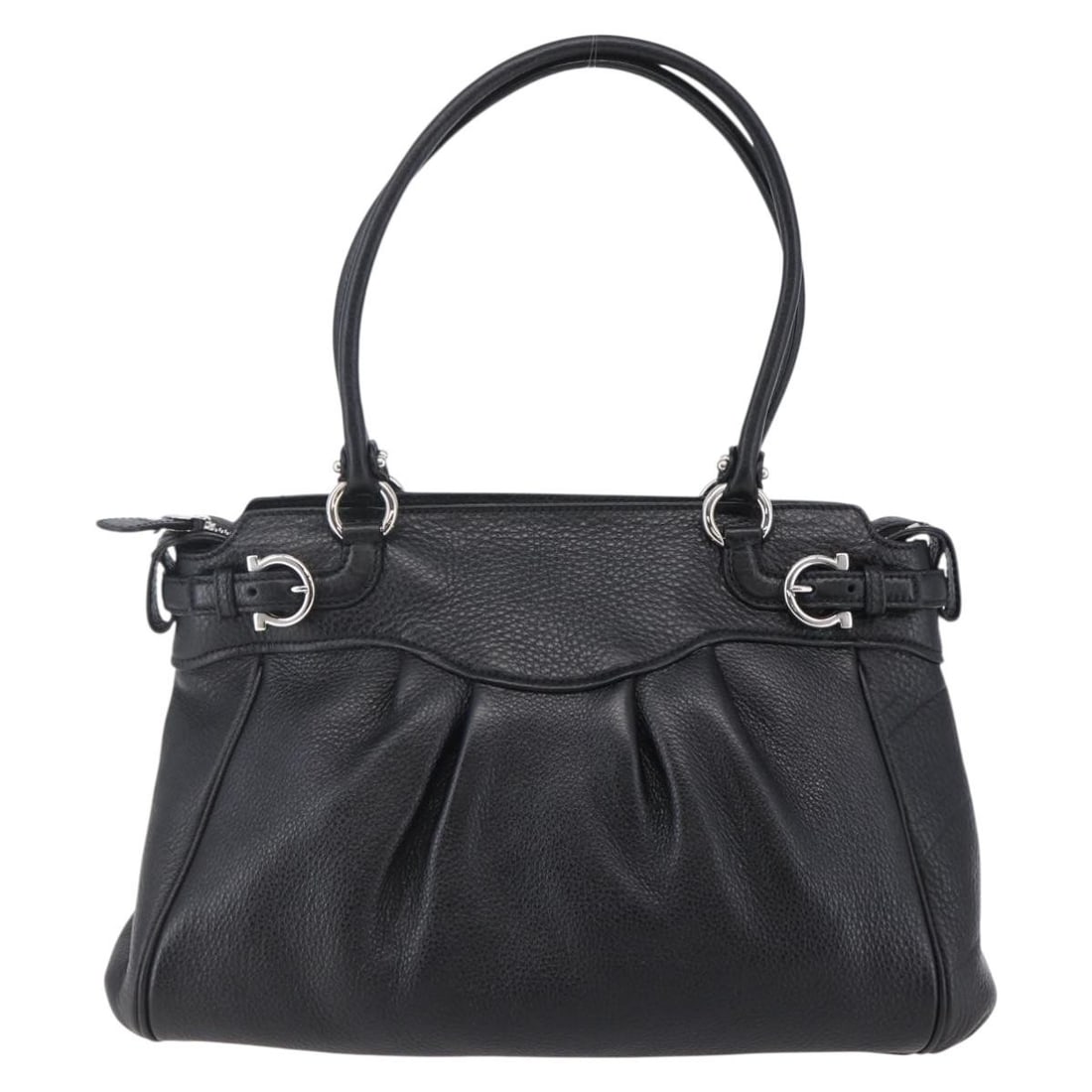 Gancini Black Leather Tote Bag by Salvatore Ferragamo: Gancini Black Leather Tote Bag by Salvatore Ferragamo This Salvatore Ferragamo Gancini Tote is crafted from black leather and designed for women. The bag features metal fittings and offers ample space