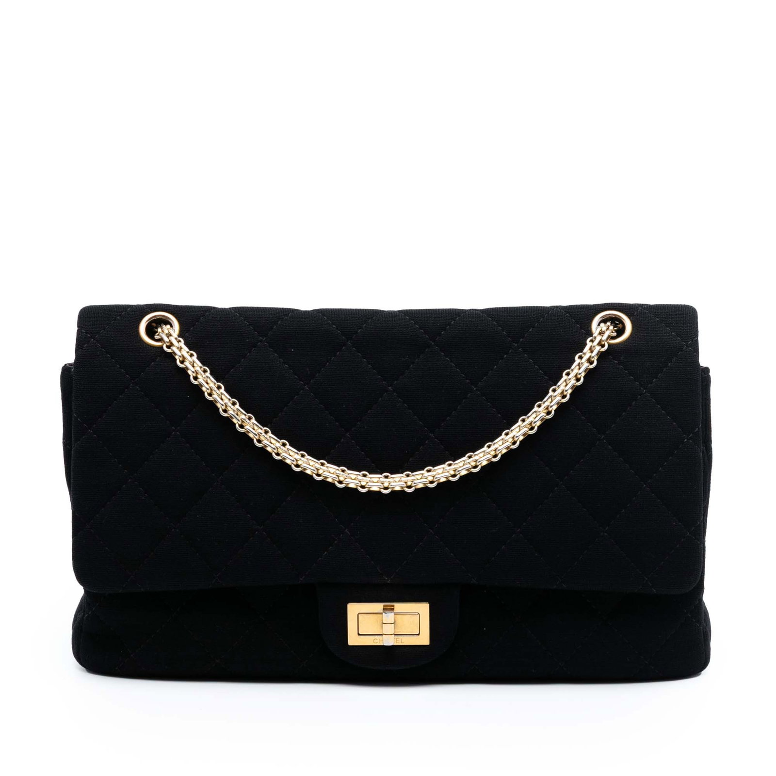 Black Chanel Reissue 2.55 Jersey 227 Double Flap Shoulder Bag: Black Chanel Reissue 2.55 Jersey 227 Double Flap Shoulder Bag This Chanel Reissue 2.55 Quilted Jersey Double Flap 227 shoulder bag features a quilted jersey fabric body, chain link shoulder straps, do