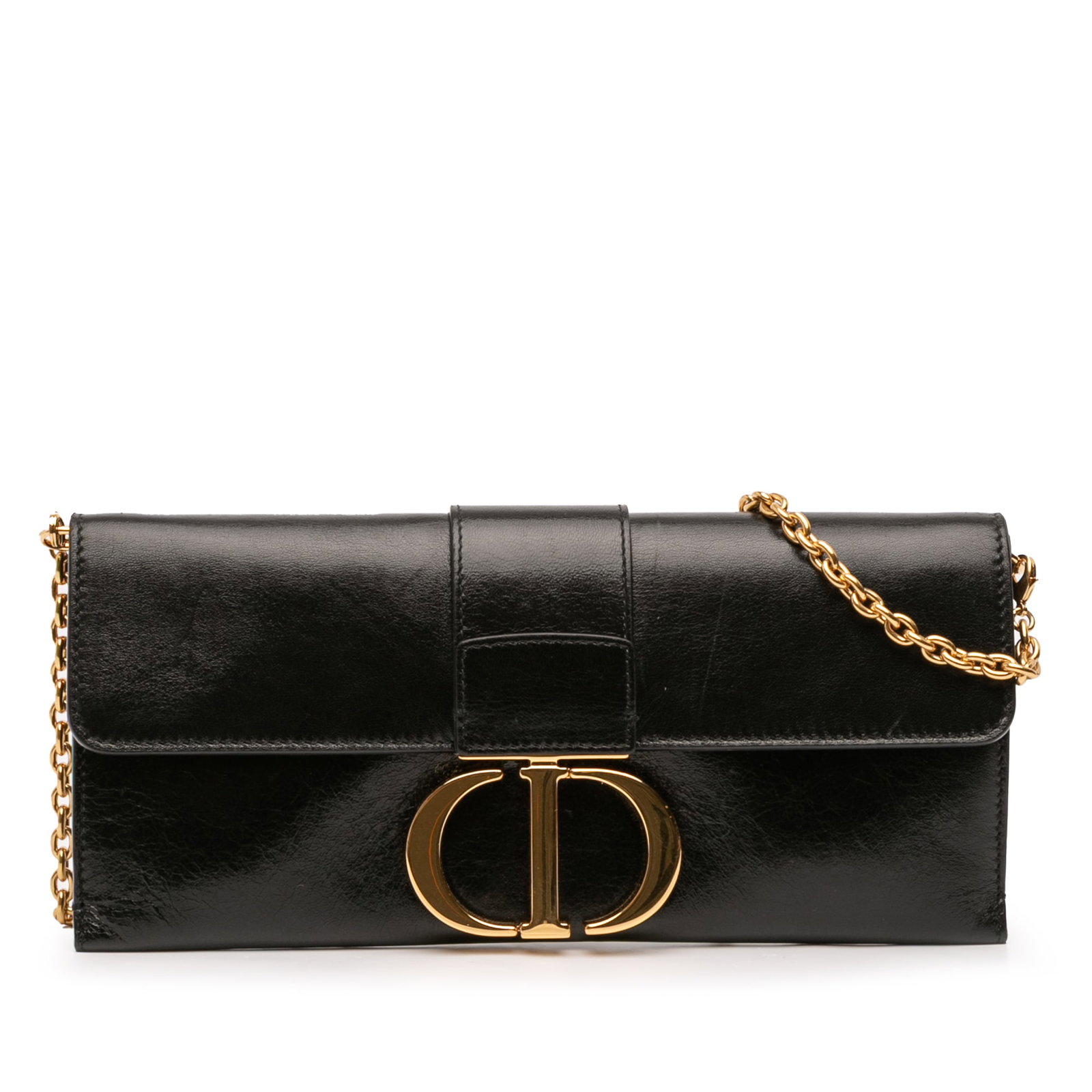 Dior Montaigne 30 Black Leather Chain Crossbody Clutch Bag: Dior Montaigne 30 Black Leather Chain Crossbody Clutch Bag This Dior Leather Montaigne 30 Clutch with Chain is crafted in black leather and features a chain link shoulder strap, a front flap with snap