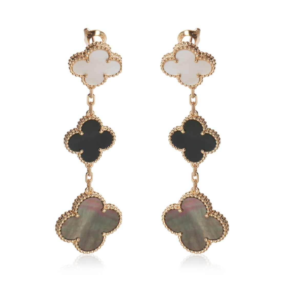 Magic Alhambra Earrings in 18k Yellow Gold with Mother of Pearl and Onyx: Magic Alhambra Earrings in 18k Yellow Gold with Mother of Pearl and Onyx These Van Cleef & Arpels Magic Alhambra earrings feature elegant motifs crafted from 18k yellow gold, showcasing a harmonious c