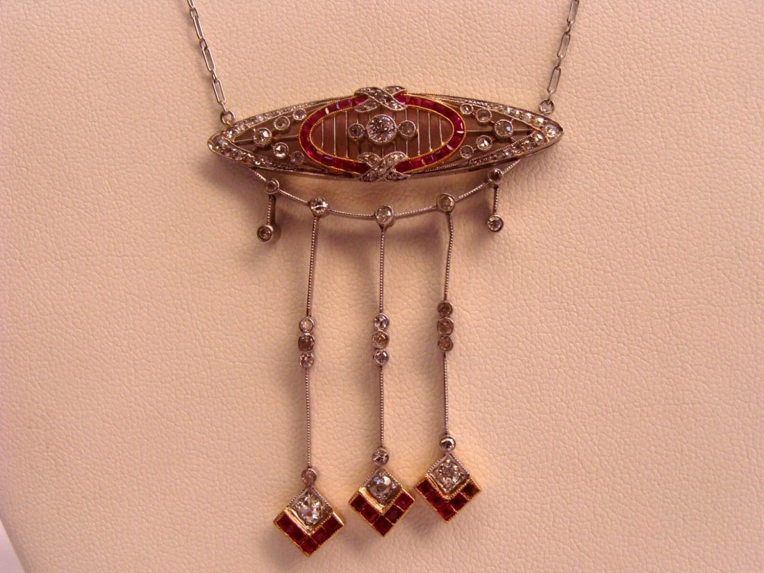 Elegant French 18K White Gold Diamond Ruby Necklace 17.4" (1 of 12)