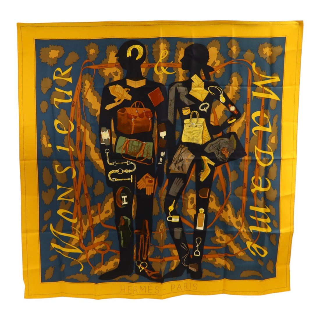 Hermes Silk Women's Scarf 90x90 Multicolor Yellow Navy Brown France (1 of 8)