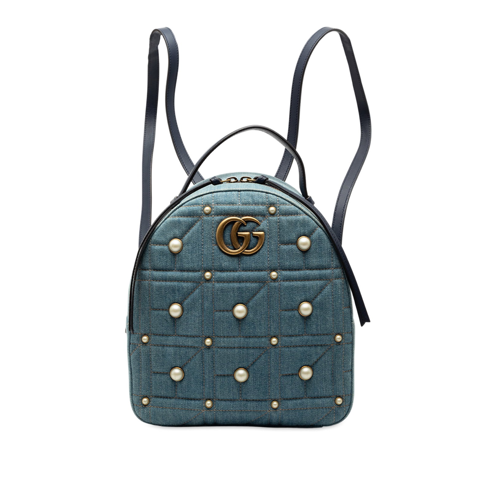 Blue Denim Gucci GG Marmont Small Backpack with Pearl Studs (1 of 7)