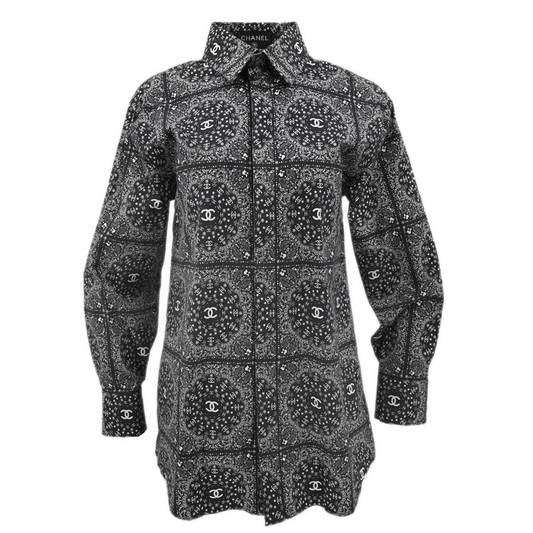 Chanel Black Long Sleeve Blouse P49488V36727 Vintage #48: Chanel Black Long Sleeve Blouse P49488V36727 Vintage #48 This elegant Chanel blouse is a timeless addition to any wardrobe. Crafted from a high-quality blend of 97% cotton and 3% spandex, it offers bo