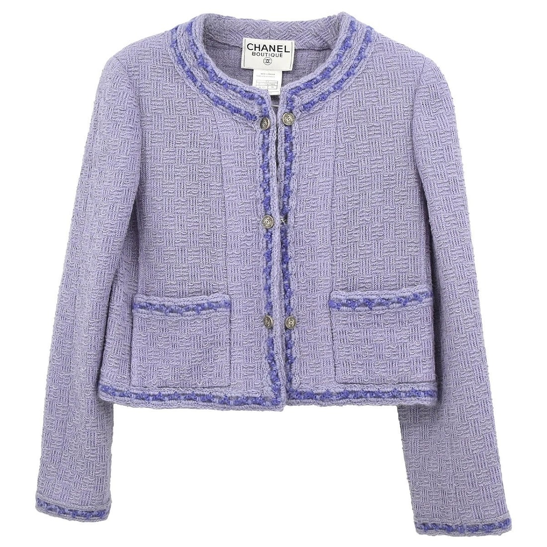 Purple Wool Collarless Mid-Length Jacket by Chanel Size 38: Purple Wool Collarless Mid-Length Jacket by Chanel Size 38 This Chanel collarless jacket in purple features a mid-length cut and long sleeves, crafted from a blend of 94% wool and 6% nylon. Designed f