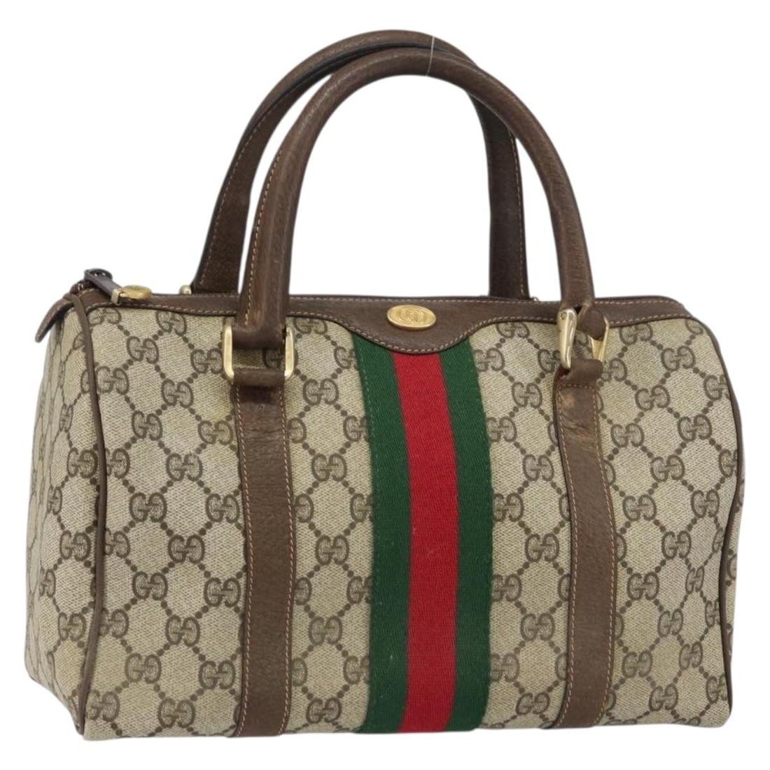 Gucci GG Supreme Boston Bag Beige PVC Leather 010 378 Italy: Gucci GG Supreme Boston Bag Beige PVC Leather 010 378 Italy This is a GUCCI GG Supreme Web Sherry Line Boston Bag crafted from PVC leather and GG canvas in beige and gold tones. The bag features dual