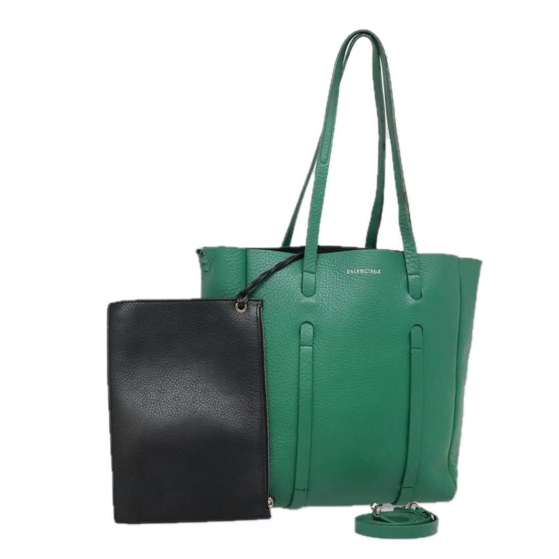Balenciaga Green Leather Tote with Silver Accents and Shoulder Strap: Balenciaga Green Leather Tote with Silver Accents and Shoulder Strap This Balenciaga 2-way tote bag is crafted from leather in a striking green and silver color combination. Designed for women, the to