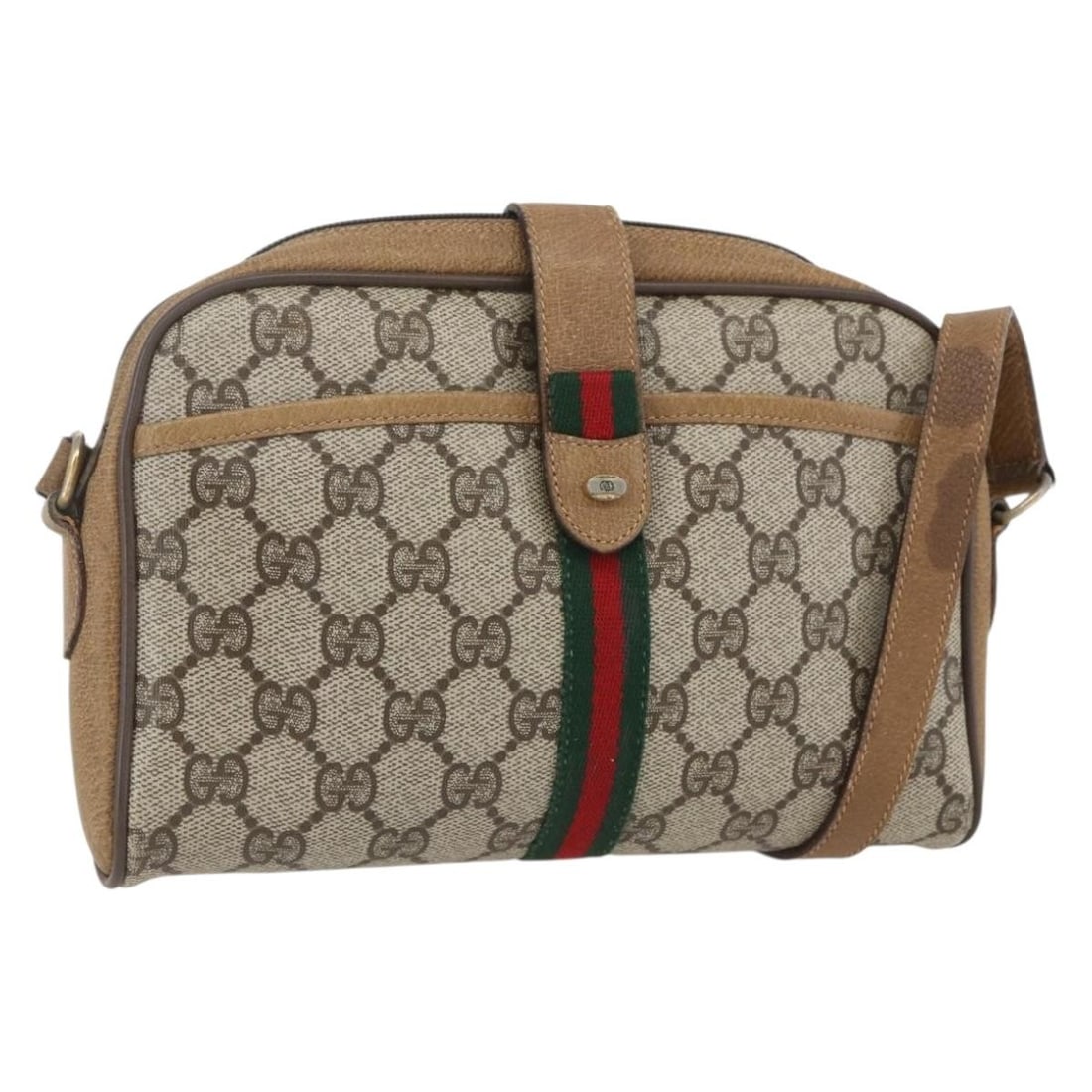GUCCI GG Supreme Sherry Line Beige Gold PVC Shoulder Bag Auth 116 02 055: GUCCI GG Supreme Sherry Line Beige Gold PVC Shoulder Bag Auth 116 02 055 This authentic GUCCI GG Supreme Web Sherry Line Shoulder Bag is crafted from durable PVC leather, featuring a stylish beige and