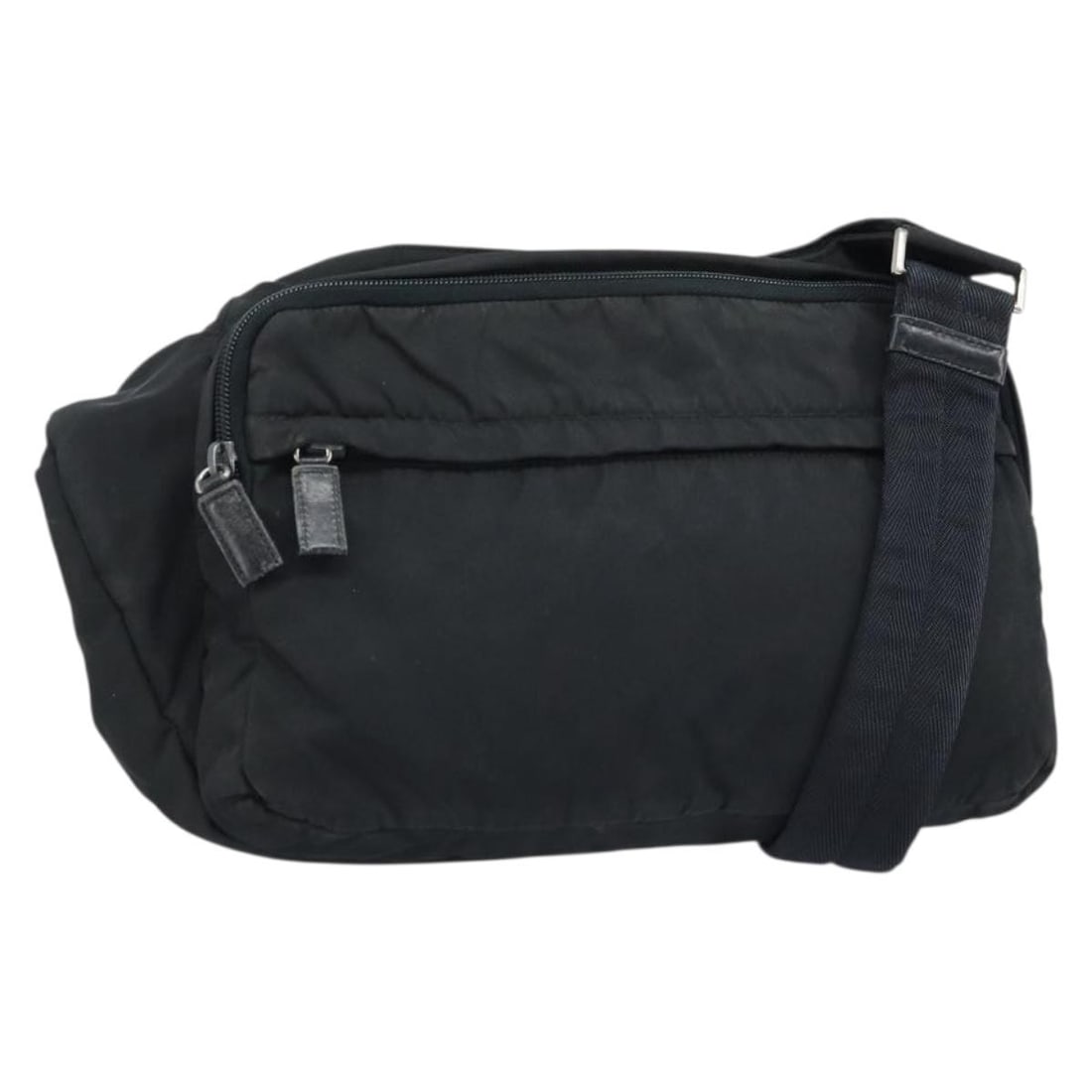 Prada Black Nylon Shoulder Bag with Silver Tone Hardware and Guarantee Card: Prada Black Nylon Shoulder Bag with Silver Tone Hardware and Guarantee Card This PRADA shoulder bag features a black nylon exterior with silver-tone accents. Designed for women, it offers a spacious m