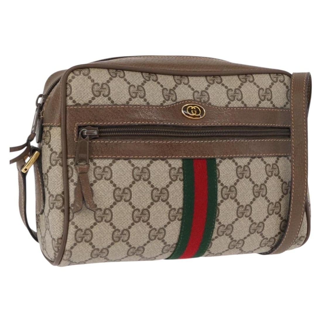 Beige Gold Gucci GG Supreme Sherry Line Shoulder Bag PVC Canvas 98 02 004: Beige Gold Gucci GG Supreme Sherry Line Shoulder Bag PVC Canvas 98 02 004 This Gucci shoulder bag features the iconic GG Supreme canvas with beige PVC leather and gold-tone accents. It has a compact r