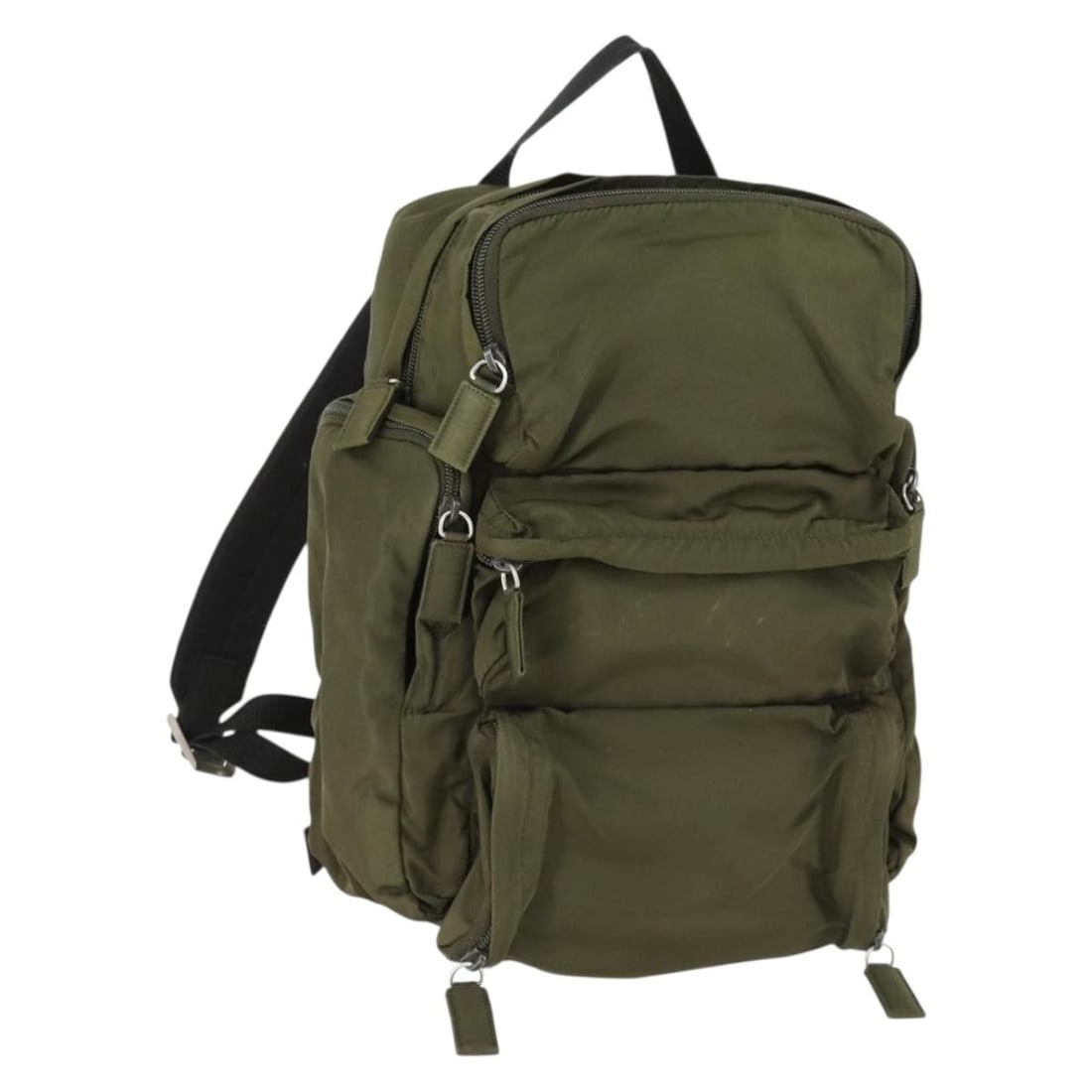 Khaki Nylon Backpack by PRADA with Silver Tone Details: Khaki Nylon Backpack by PRADA with Silver Tone Details This PRADA backpack features a khaki and silver color scheme and is crafted from durable nylon. Made in Italy, it offers a spacious interior with