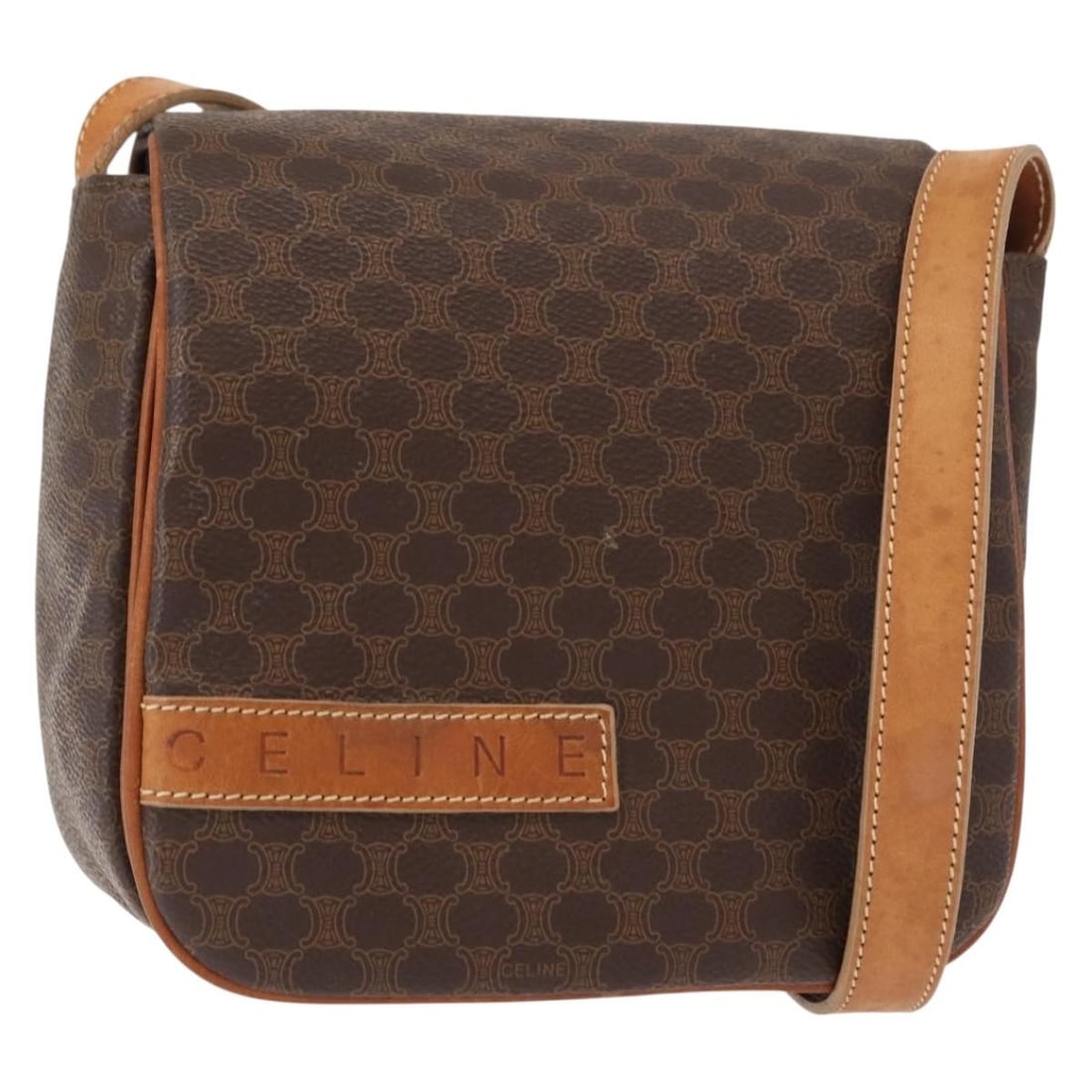 CELINE Macadam Canvas Shoulder Bag PVC Leather Brown Gold Italy Auth (1 of 18)