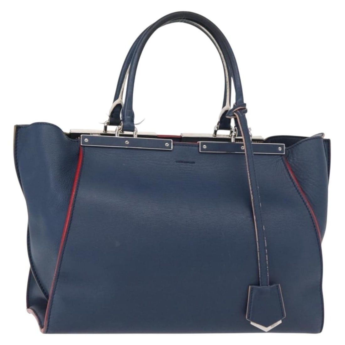 FENDI Trois Jules Leather Hand Bag Navy Silver Italy Auth 152694 (1 of 18)