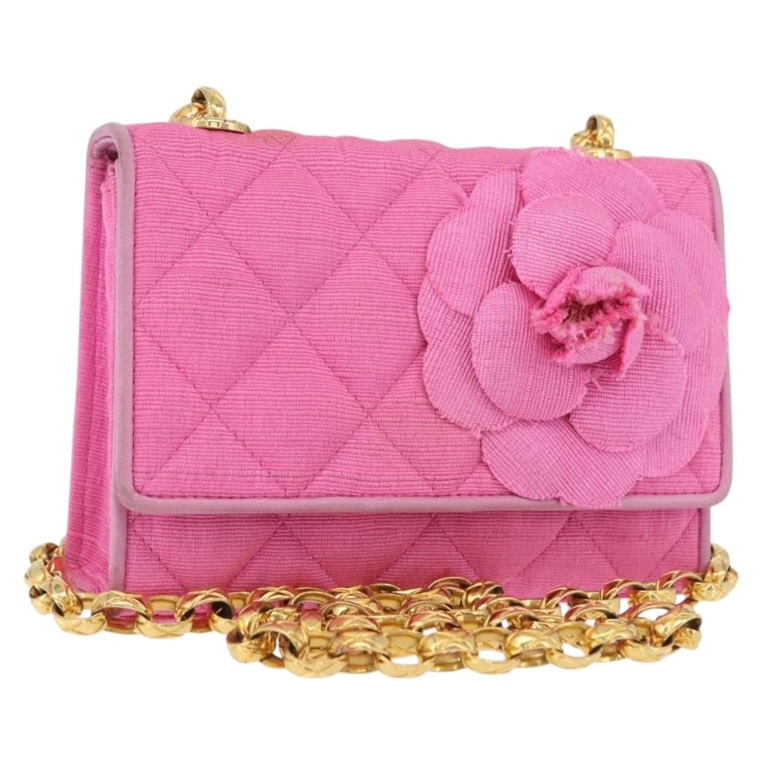 CHANEL Camelia Pink Canvas Matelasse Shoulder Bag with Chain and Gold CC: CHANEL Camelia Pink Canvas Matelasse Shoulder Bag with Chain and Gold CC This CHANEL Matelasse Camelia shoulder bag features a pink and gold canvas exterior with gold-tone CC details. Designed for wom