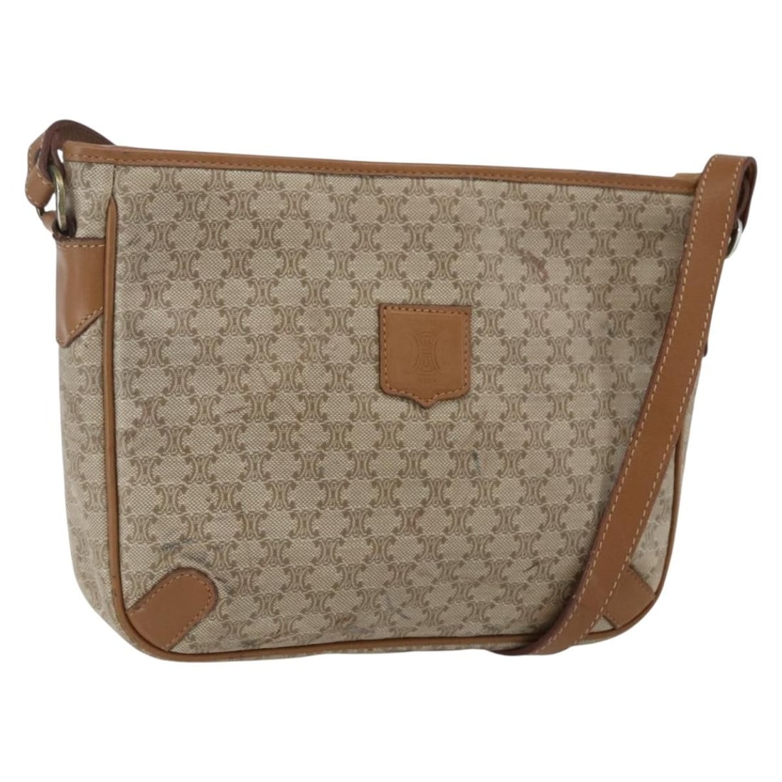 Celine Macadam Beige PVC Canvas Shoulder Purse France: Celine Macadam Beige PVC Canvas Shoulder Purse France This CELINE Macadam shoulder bag features a beige PVC leather and canvas exterior. Designed for women, it offers a classic and practical style wit