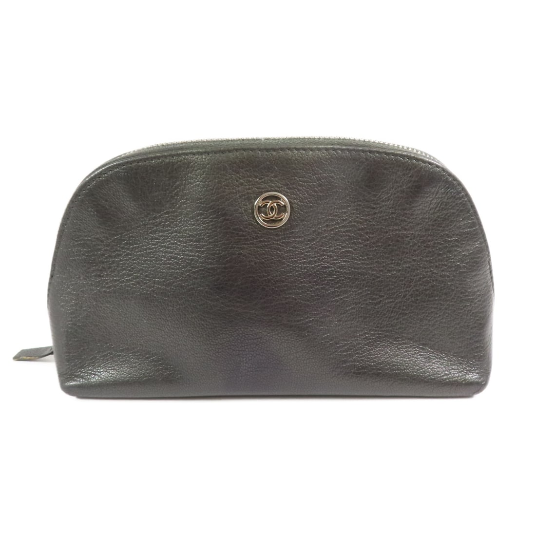 Chanel Dark Gray Calfskin Leather CC Pouch with Silver Hardware: Chanel Dark Gray Calfskin Leather CC Pouch with Silver Hardware This CHANEL pouch is crafted from dark grey calfskin leather and features the signature CC motif with silver-tone hardware. Designed for