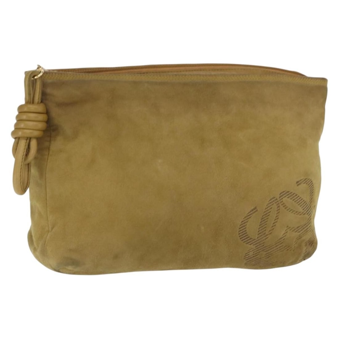 Loewe Khaki Suede Clutch Bag Gold Tone Spain: Loewe Khaki Suede Clutch Bag Gold Tone Spain This LOEWE clutch bag is crafted from khaki suede with gold-tone accents. Made in Spain, it features a rectangular silhouette with approximate dimensions o