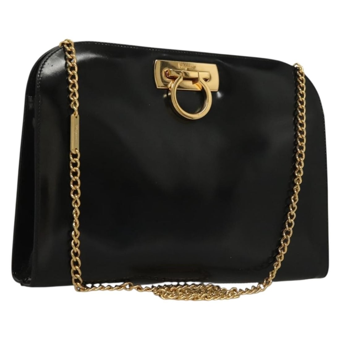 Salvatore Ferragamo Black Gold Chain Gancini Shoulder Bag Patent Leather Auth: Salvatore Ferragamo Black Gold Chain Gancini Shoulder Bag Patent Leather Auth Elevate your style with this exquisite Salvatore Ferragamo Chain Gancini Bag, crafted from luxurious patent leather in a s