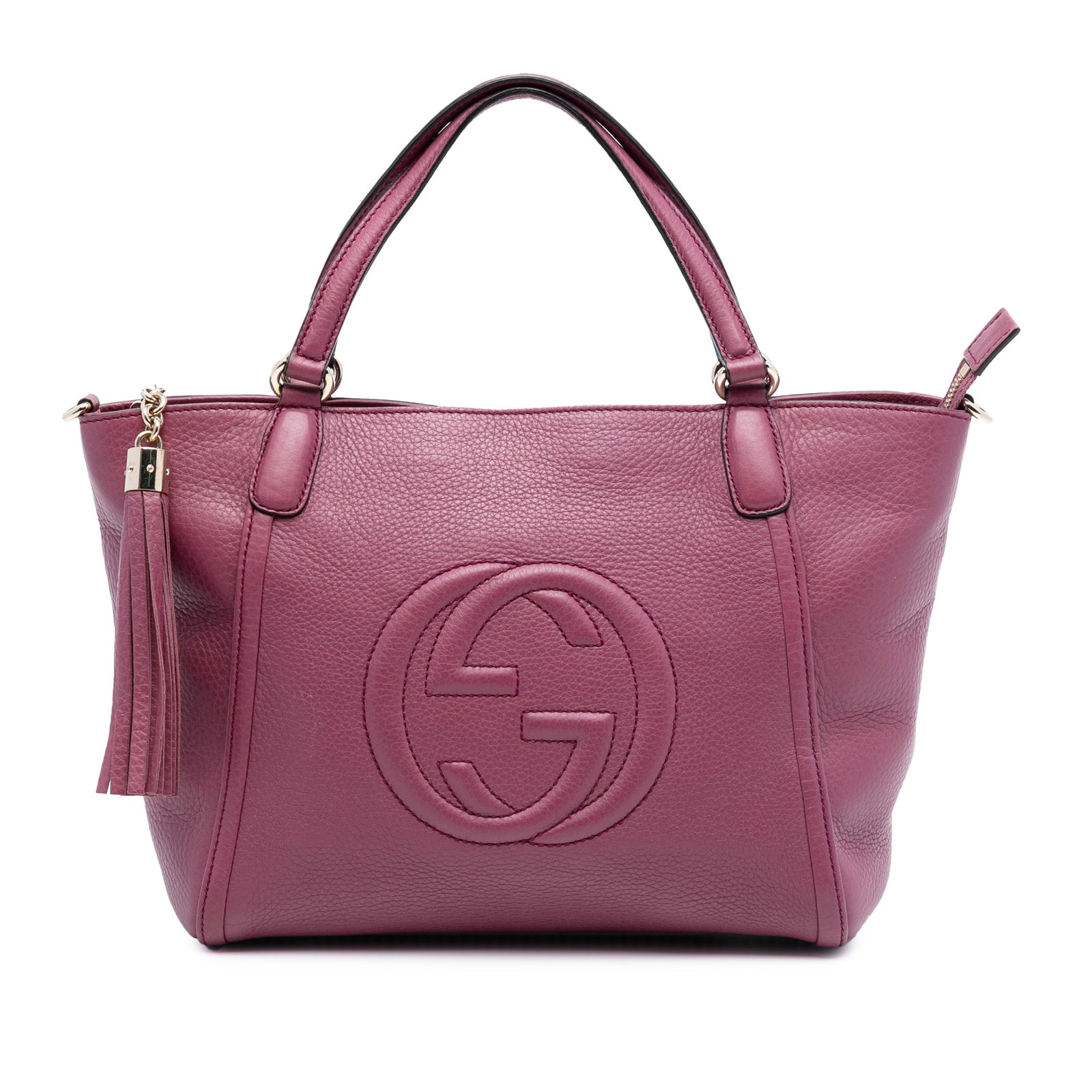 Gucci Soho Cellarius Small Leather Satchel with Tassel Detail: Gucci Soho Cellarius Small Leather Satchel with Tassel Detail This Gucci Small Calfskin Soho Cellarius Satchel features a purple leather body with flat leather handles, a detachable flat leather strap