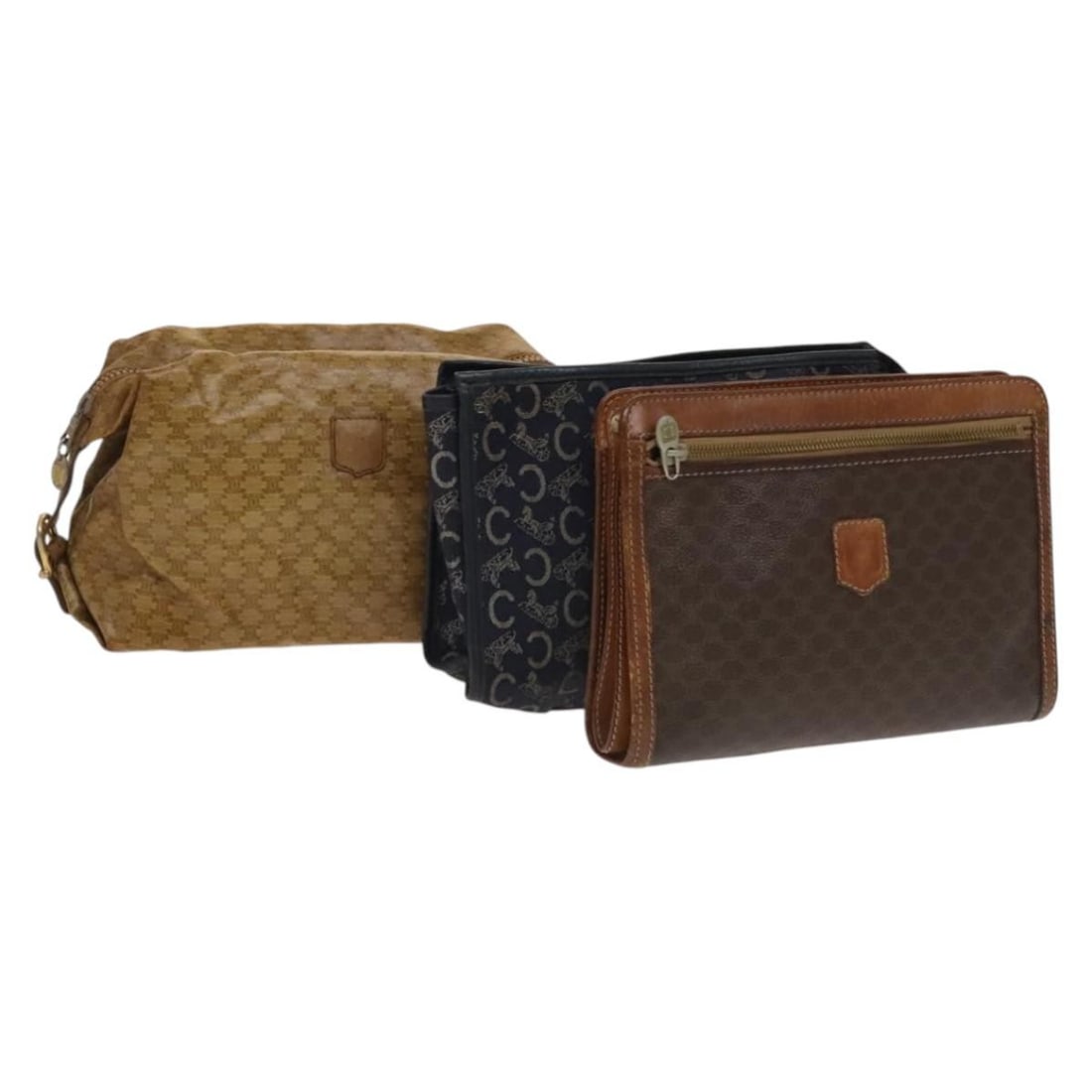 CELINE Macadam Canvas Clutch Bag PVC 3Set Brown Beige Navy Authentic: CELINE Macadam Canvas Clutch Bag PVC 3Set Brown Beige Navy Authentic This Celine Macadam Canvas Clutch Bag is a stylish accessory crafted from durable PVC leather, featuring a bold combination of brow