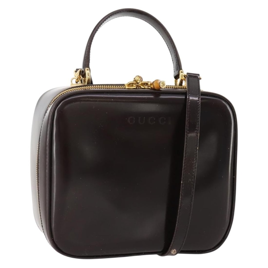 Gucci Bamboo Brown Patent Leather Convertible Shoulder and Handbag with Gold Accents: Gucci Bamboo Brown Patent Leather Convertible Shoulder and Handbag with Gold Accents This GUCCI Bamboo handbag is crafted from brown and gold patent leather and features a versatile 2-way design for h