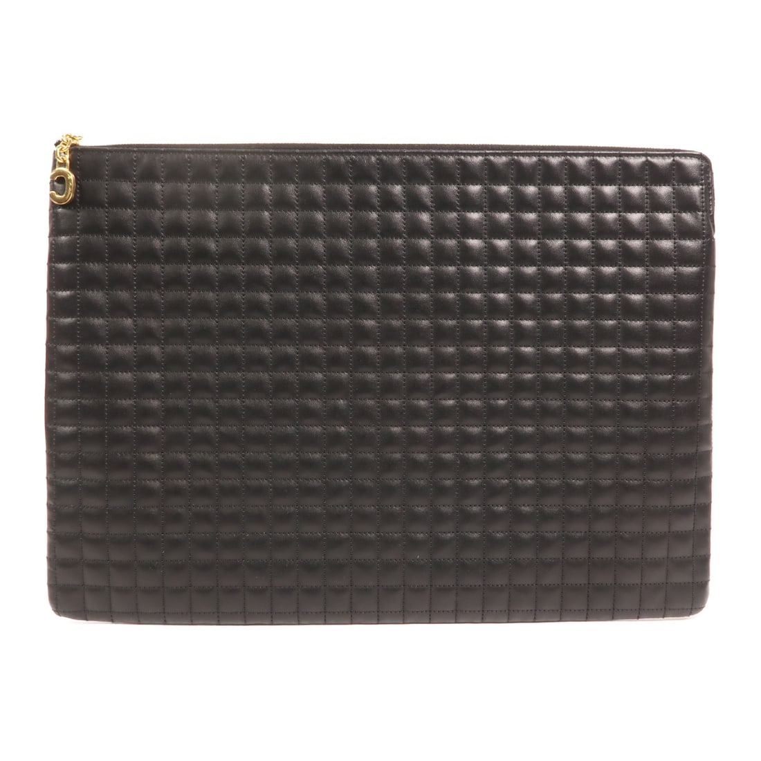 Celine Black Calfskin C Charm Clutch with Gold Hardware: Celine Black Calfskin C Charm Clutch with Gold Hardware This CELINE C Charm clutch bag is crafted from black calfskin leather. Designed for men, it features a slim and elegant profile with a black fra