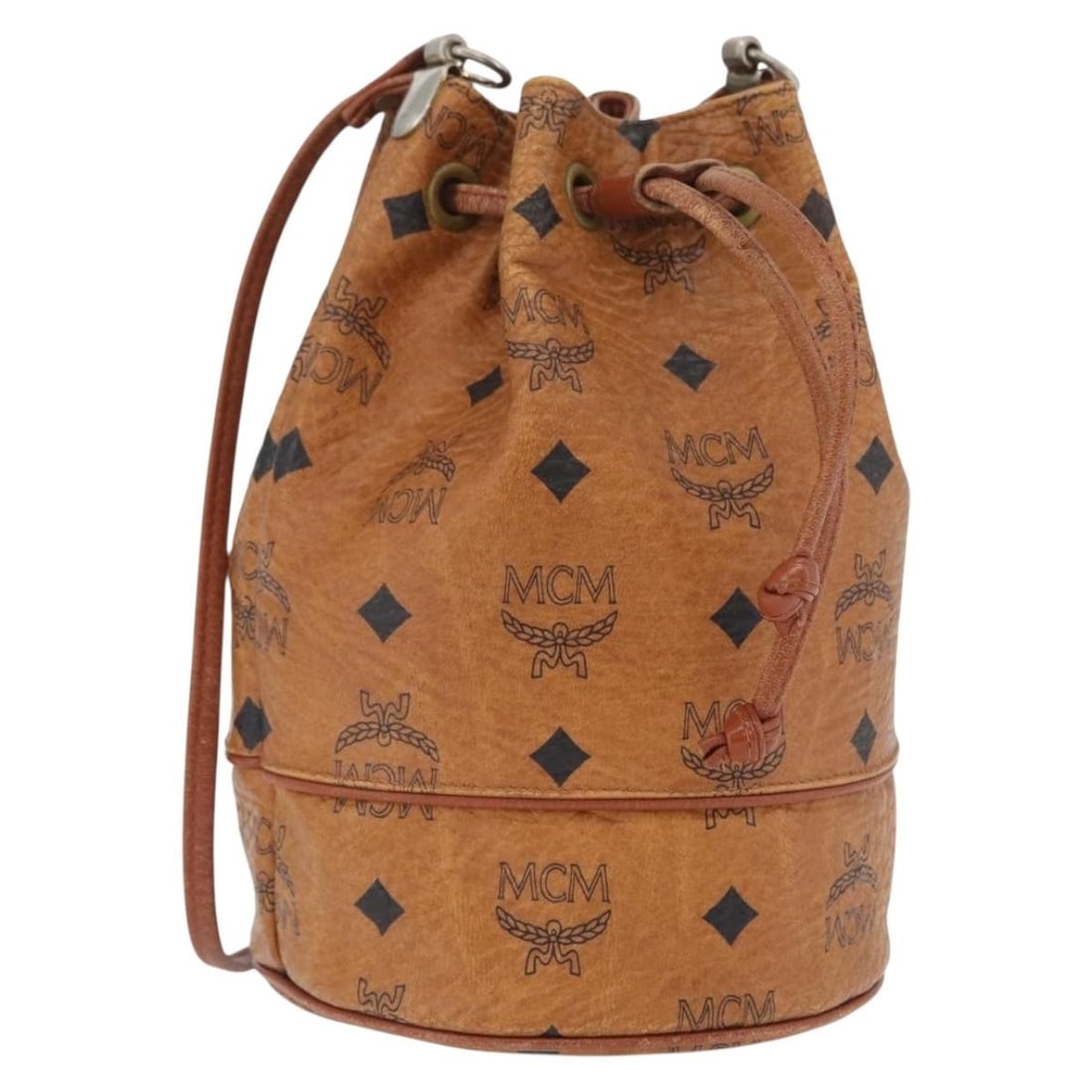 MCM Brown PVC Leather Shoulder Bag with Gold Accents: MCM Brown PVC Leather Shoulder Bag with Gold Accents This MCM shoulder bag features the iconic Vicetos logogram design and is crafted from durable PVC leather in brown and gold tones. Designed for wom