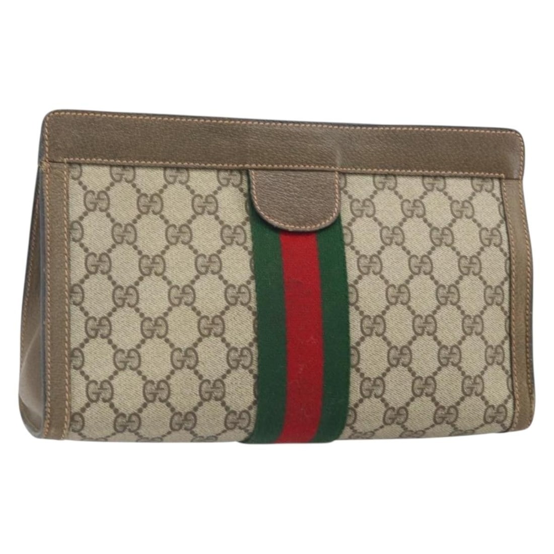 Gucci GG Supreme Sherry Line Beige Red PVC Leather Clutch Bag 89 01 002: Gucci GG Supreme Sherry Line Beige Red PVC Leather Clutch Bag 89 01 002 This is a Gucci GG Supreme Web Sherry Line clutch bag crafted from beige and red PVC leather with GG canvas. The bag is designed