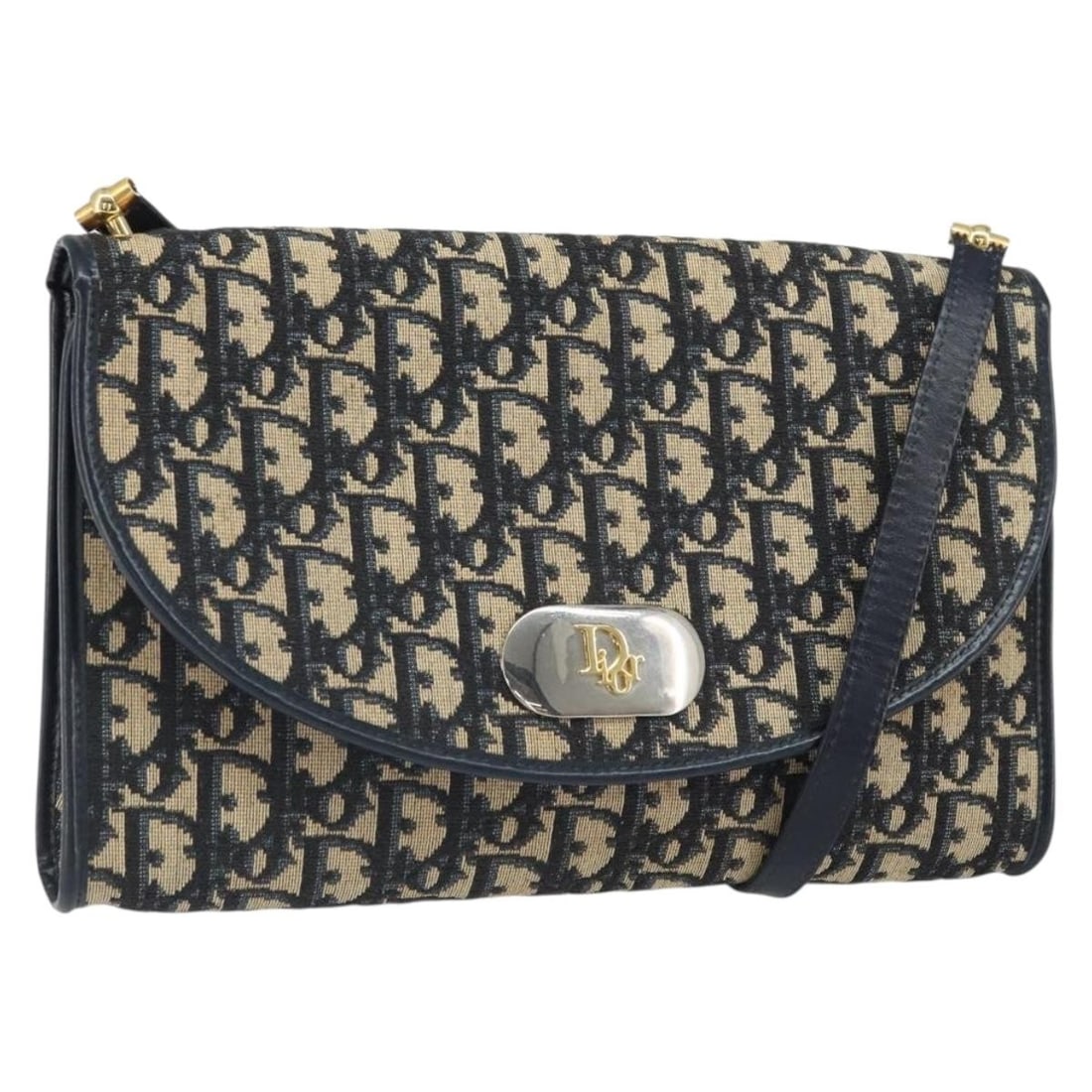 Christian Dior Navy Trotter Canvas Shoulder Bag Gold Tone Hardware: Christian Dior Navy Trotter Canvas Shoulder Bag Gold Tone Hardware This Christian Dior Trotter Canvas shoulder bag features a navy and gold color scheme and is crafted from signature Trotter canvas. D