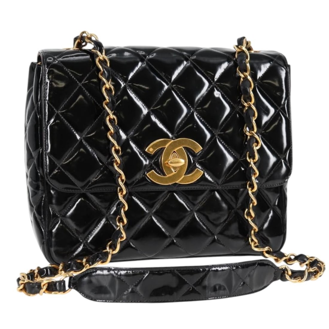 CHANEL Black Patent Leather Matelasse Chain Shoulder Bag Gold CC: CHANEL Black Patent Leather Matelasse Chain Shoulder Bag Gold CC This CHANEL Matelasse Chain Shoulder Bag is a stunning accessory crafted from luxurious patent leather in a striking black and gold col