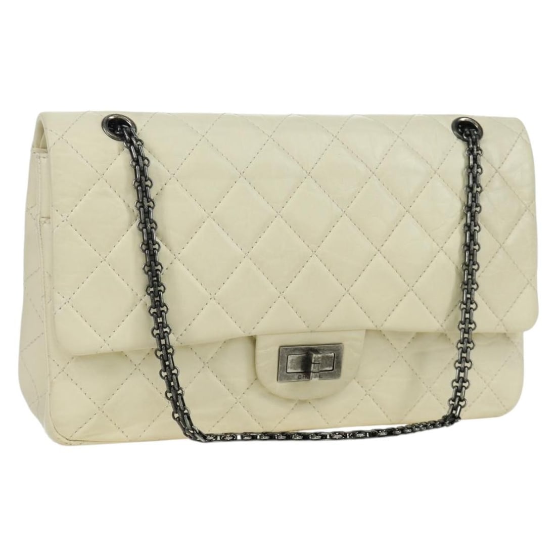 White Leather 2.55 Double Flap Shoulder Bag by Chanel with Chain and Card (1 of 18)