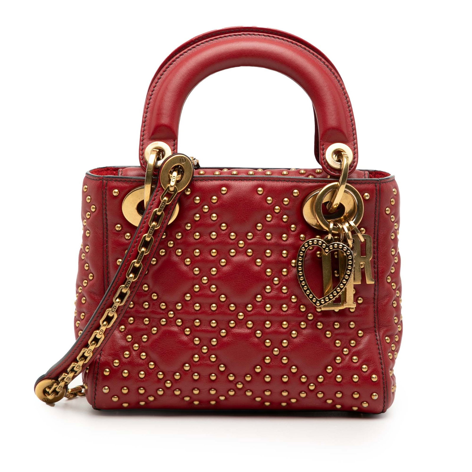 Dior Lady Dior Mini Red Lambskin Satchel With Studded Cannage Pattern: Dior Lady Dior Mini Red Lambskin Satchel With Studded Cannage Pattern This Lady Dior satchel features a studded lambskin leather body in red, flat leather handles, and a detachable chain strap with a