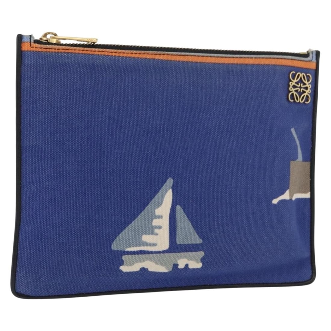 Blue and Gold Canvas Clutch Bag by Loewe with Dust Bag: Blue and Gold Canvas Clutch Bag by Loewe with Dust Bag This LOEWE clutch bag is crafted from canvas in blue and gold tones. Made in Spain, it features a compact silhouette with approximate dimensions