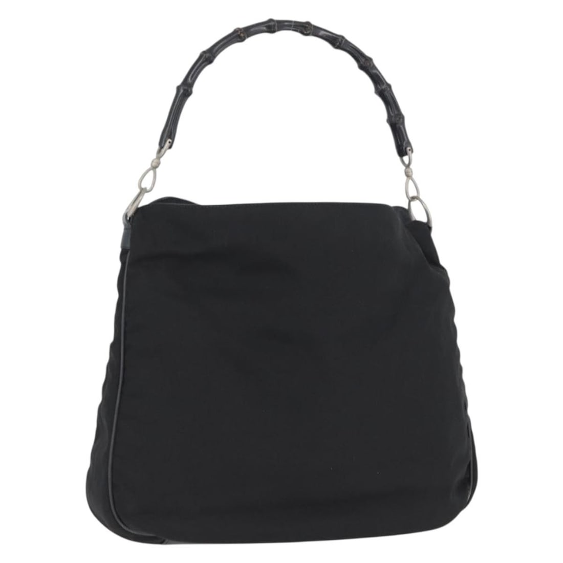 Black Nylon GUCCI Shoulder Bag Bamboo Handle 001 1577 Silver Hardware: Black Nylon GUCCI Shoulder Bag Bamboo Handle 001 1577 Silver Hardware This GUCCI bamboo shoulder bag is crafted from black nylon with silver-tone accents. Designed for women, it features a spacious ma